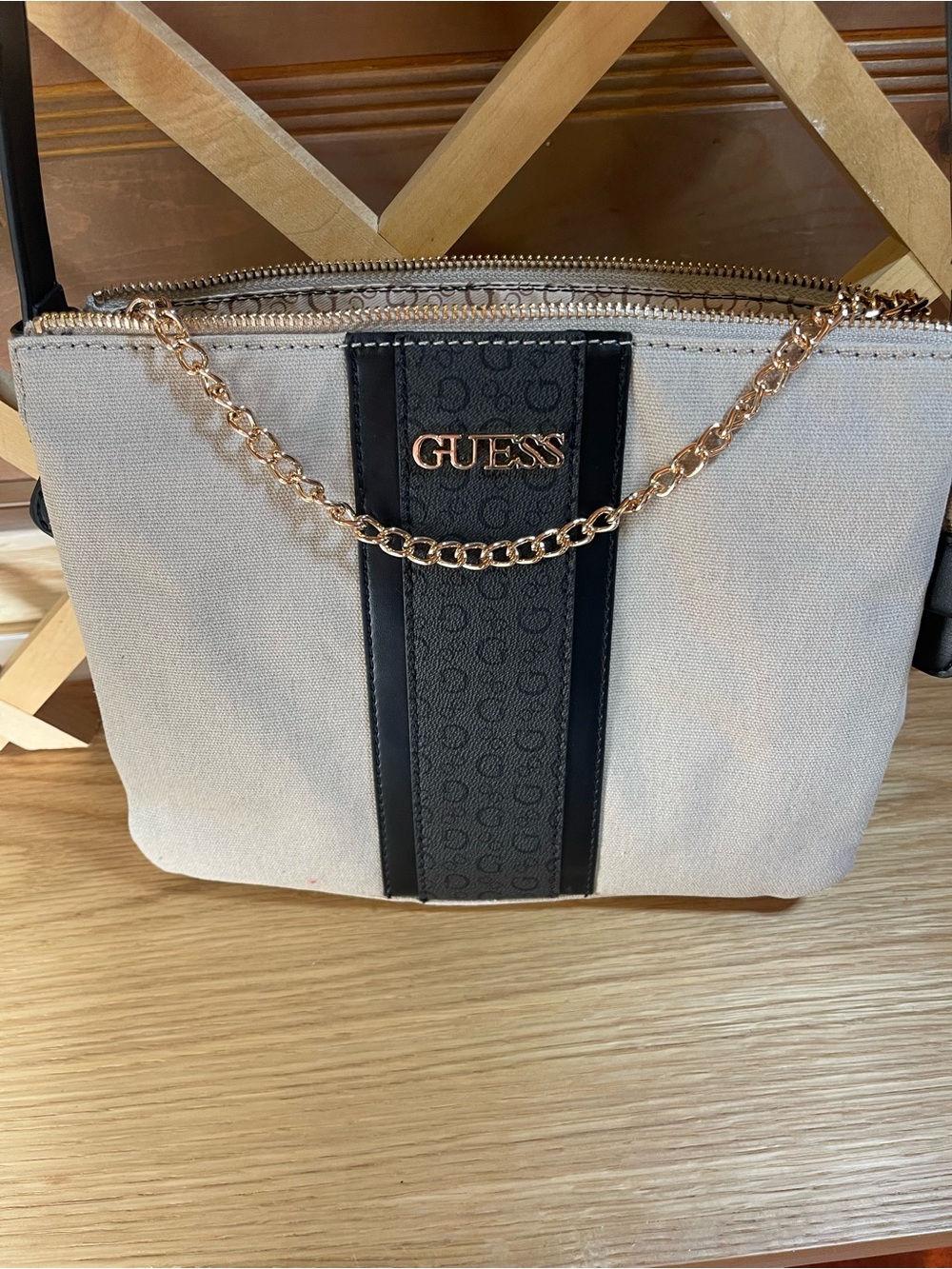 GUESS  Canvas Crossbody / Vegan Leather Trim / 33” S Drop  /Gold accent Chain/